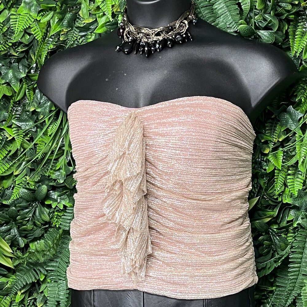 ANTHROPOLOGIE MAEVE Top‎ Women XL Pink Ruffle Strapless Metallic Tube Top 2384